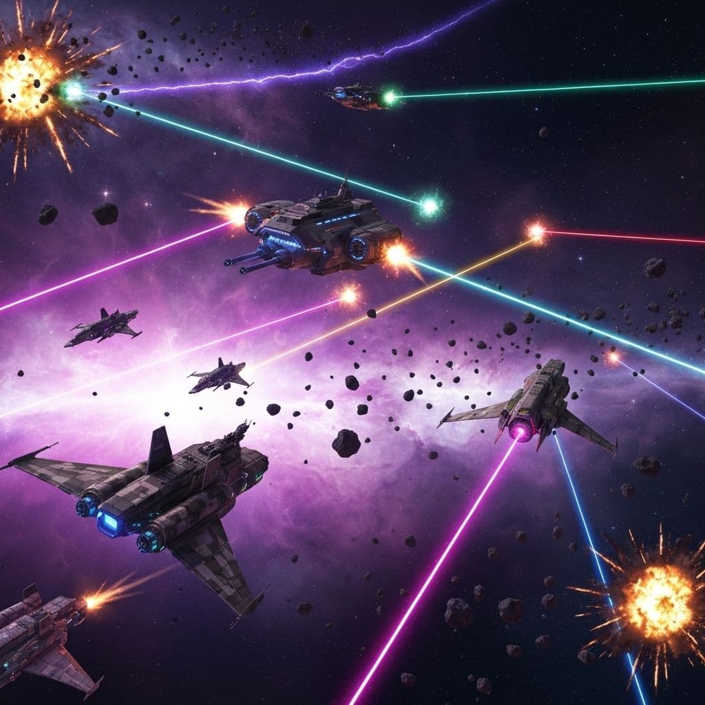 Epic space battle scene showing futuristic spaceships engaged in combat with laser fire and explosions against a colorful nebula backdrop
