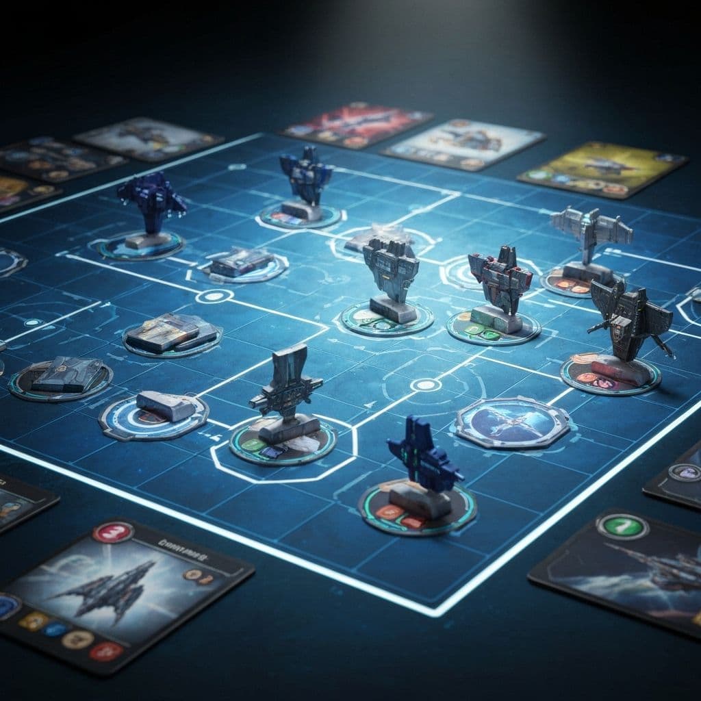 Game board showing a tactical grid with spaceship tokens positioned strategically, player hand with ship cards, and base structures at opposite ends